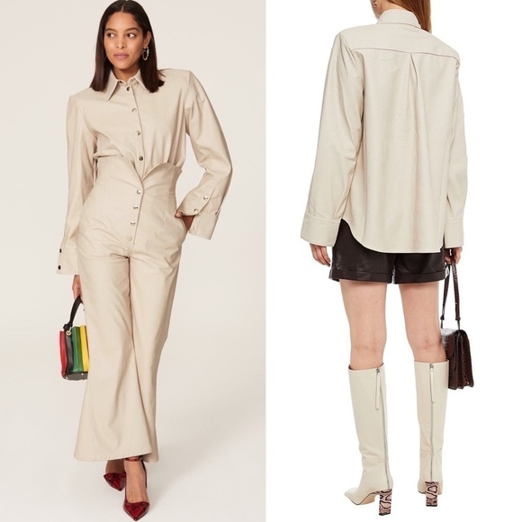 SARA BATTAGLIA Beige Faux Leather Oversized Boxy Snap Button Up Shirt Jacket L - Picture 6 of 13